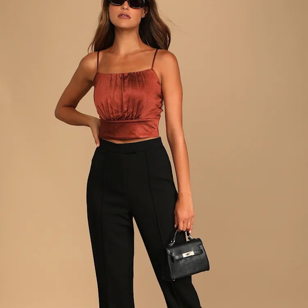 Lulu’s Luxe'd Out Brown Satin Cropped Tank Top - Picture 2 of 14